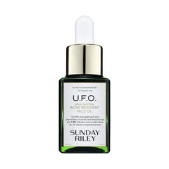 Sunday Riley U.F.O. front packaging showing compact bottle and clear labeling benefit: targeted acne care