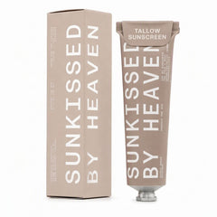 Sunkissed By Heaven front tube showing SPF 50 and unscented benefits