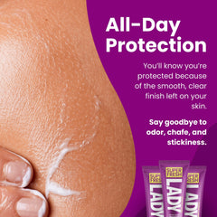 Super & Fresh Co. applying lotion under breast to reduce friction and moisture