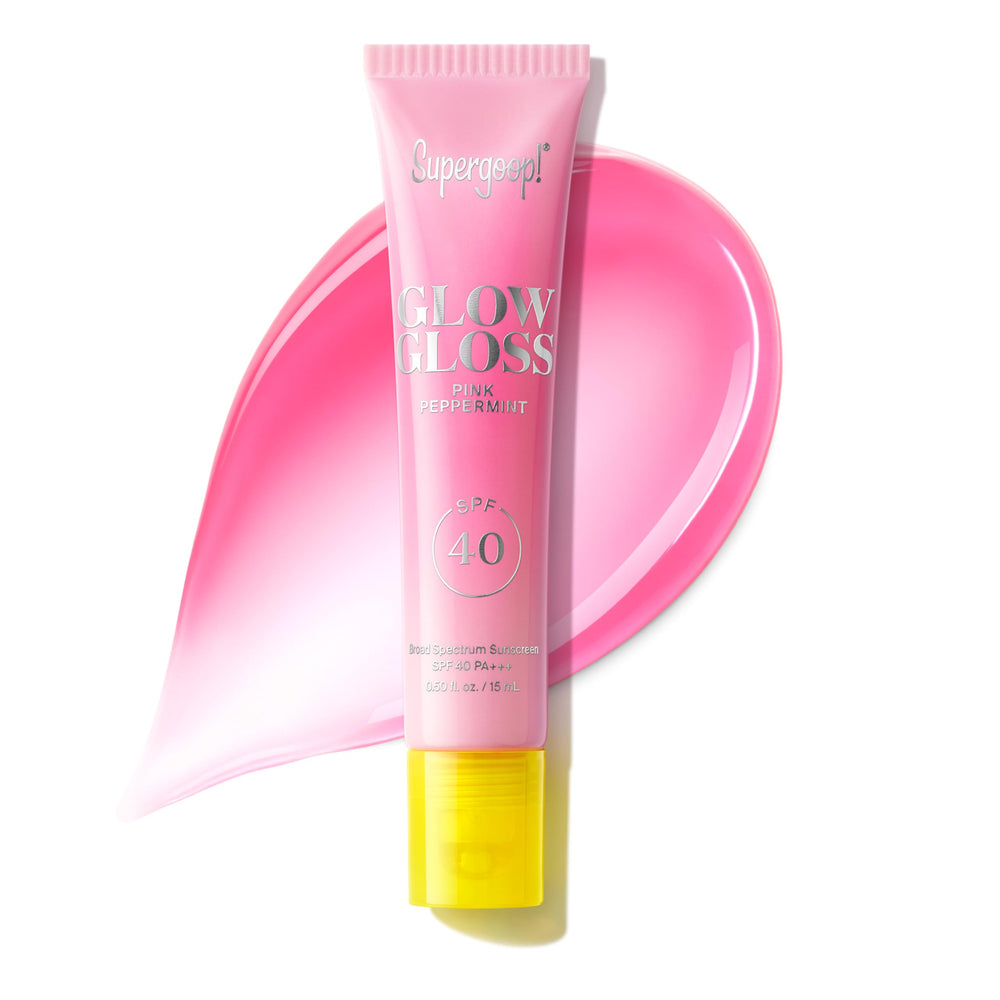 Supergoop! front packaging showing glossy pink tube and SPF benefits