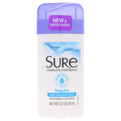 Sure Original solid stick front view showing compact 2.7 oz packaging and clear-dry benefit