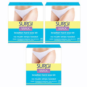 Surgiwax front packaging showing three 4-ounce hard wax boxes and kit contents benefit convenience