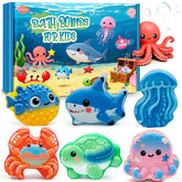 Suyfeifan front packaging showing six marine-shaped bath bombs, encourages playful baths