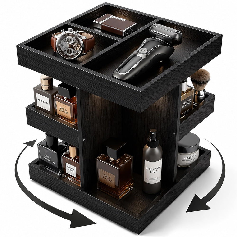 SwartLife rotating cologne organizer front view showing neat bottle display and quick access