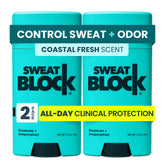 SweatBlock front packaging showing Coastal Fresh scent, clear clinical protection