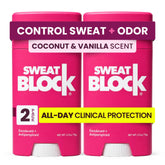 SweatBlock front packaging showing coconut vanilla scent and two-pack benefit