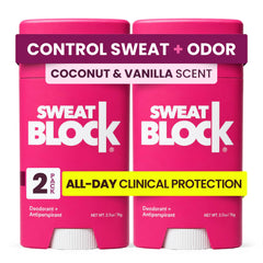 SweatBlock front packaging showing coconut vanilla scent and two-pack benefit