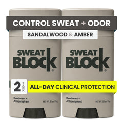 SweatBlock front packaging shows the sandalwood two-pack and benefits