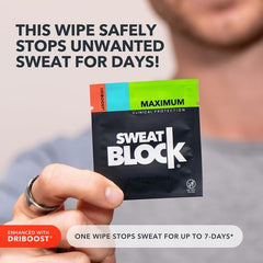 Single SweatBlock wipe wrapped for hygiene and easy travel convenience