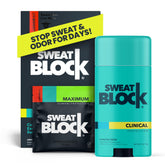 SweatBlock front packaging showing both wipe and deodorant for reliable sweat control