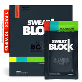 SweatBlock tub front view showing unscented XL antiperspirant wipes for long-lasting dryness
