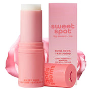 Sweetums front packaging showing compact portable solid fragrance benefit