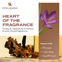 Swiss Arabian Shaghaf Oud saffron and oud closeup showing quality ingredients