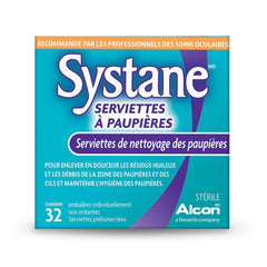 Systane wipe being applied to closed eyelid showing gentle cleansing benefit