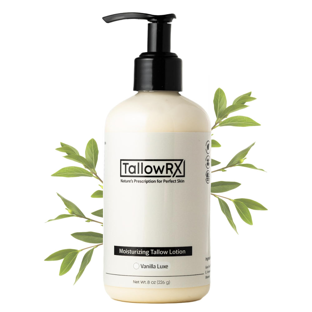 TALLOWRX front packaging showing 8 fl oz bottle and vanilla scent benefit