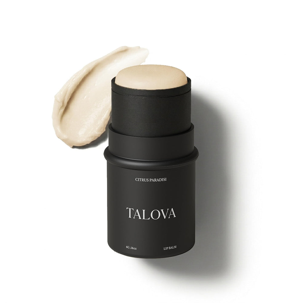 TALOVA citrus lip balm front tube showing clean design and moisturizing benefit