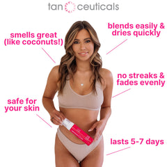Tanceuticals bottle held in hand showing 6.7 oz scale and travel-ready benefit