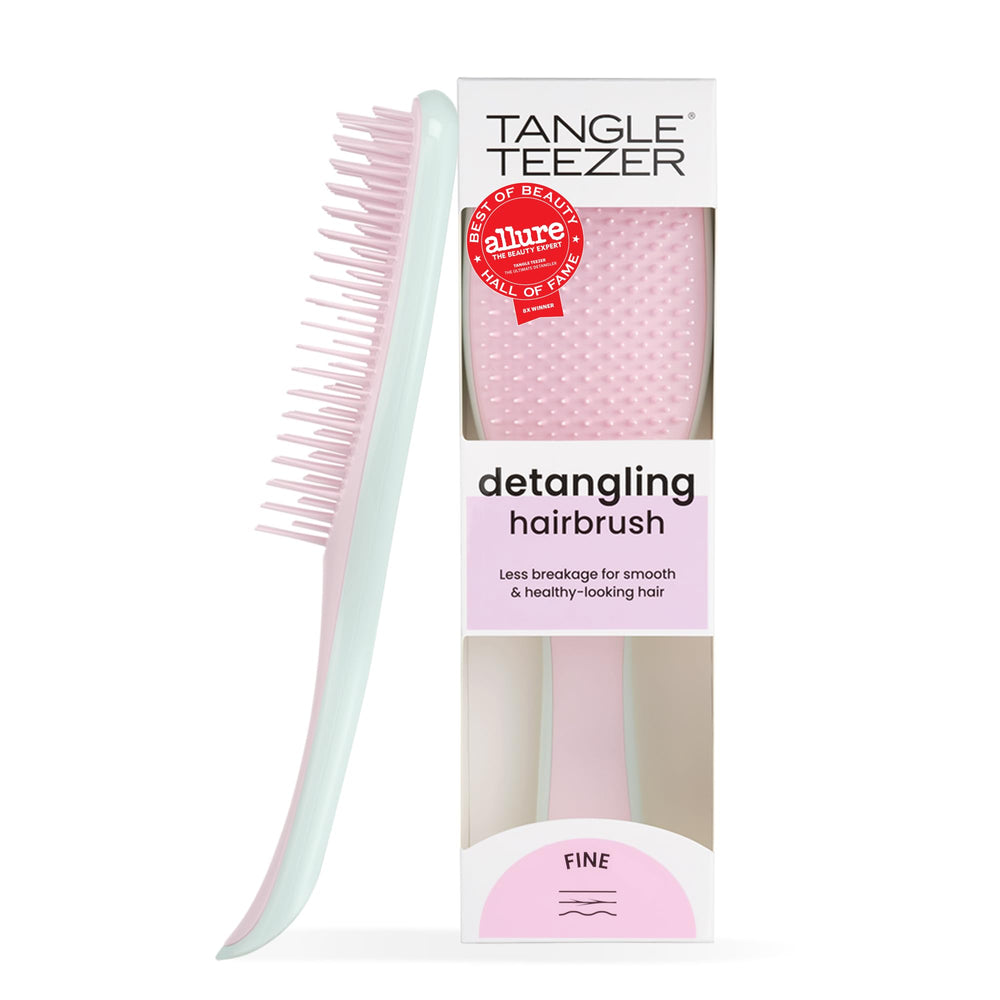 TANGLE TEEZER front view in pink and mint showing compact design and gentle detangling