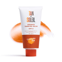 Tanning Club front packaging showing bottle and orange gel, highlights portability
