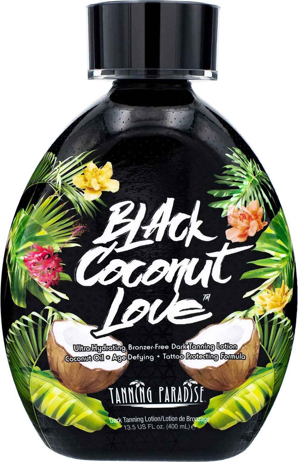 TANNING PARADISE front bottle shot showing label and hydrating benefit