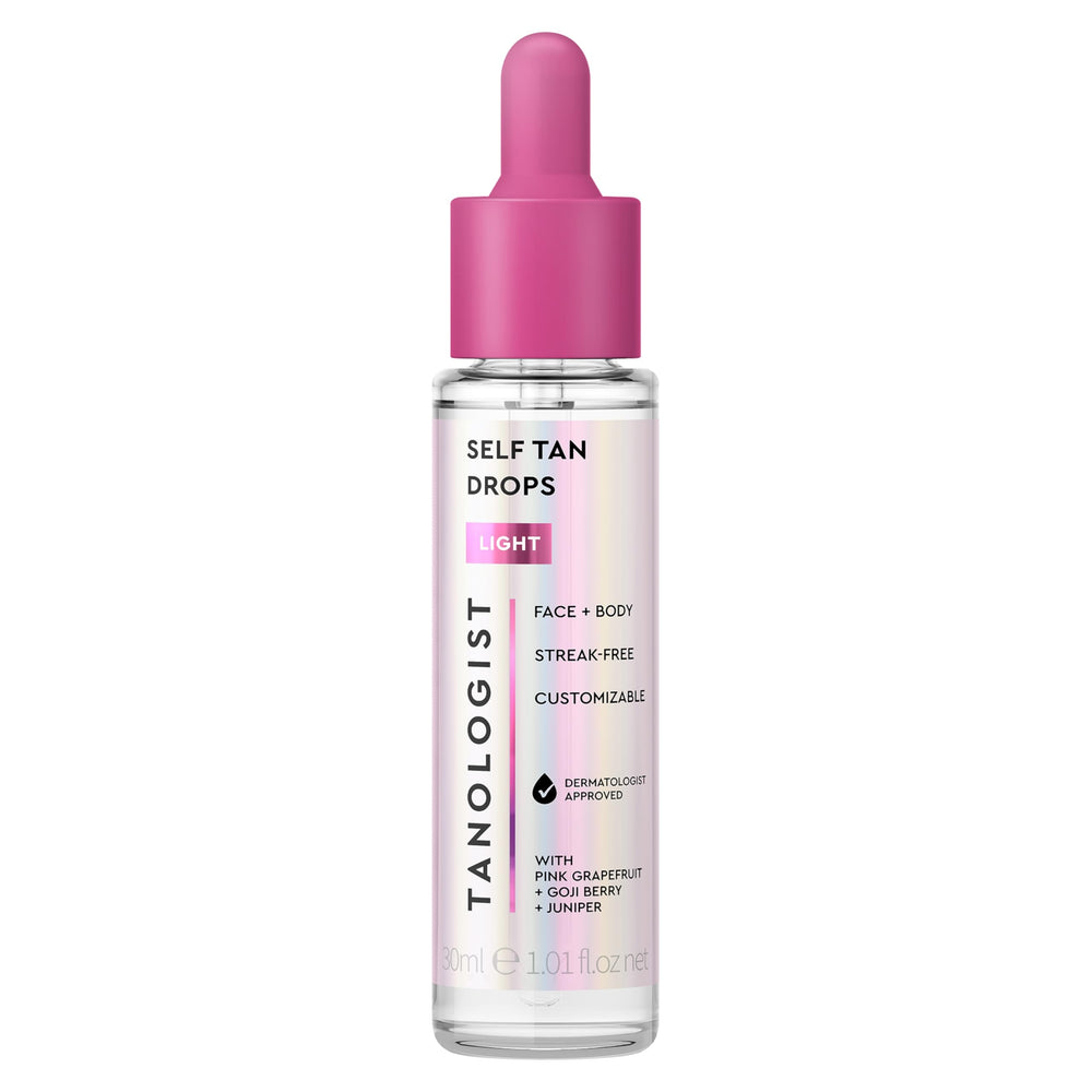 Tanologist front bottle showing clear tanning drops and product branding for easy identification