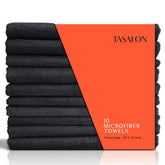 TASALON front view of 10-pack black salon towels, professional-ready