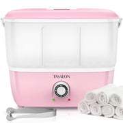 TASALON front view of pink towel steamer showing compact design and quick warming benefit