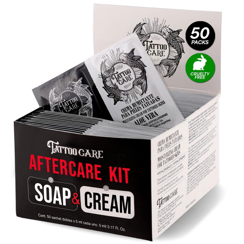 Tattoo Care front packaging showing 50-pack and clear product branding benefits portability