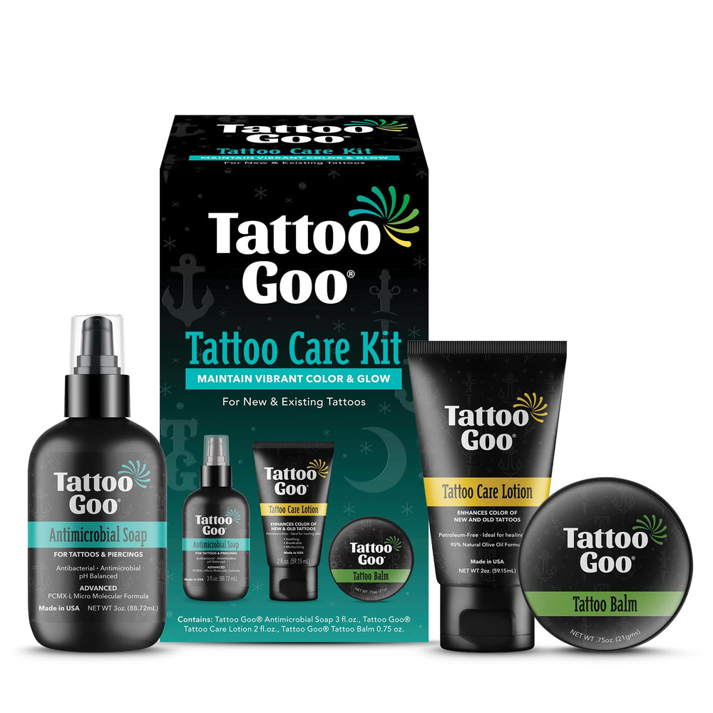 Tattoo Goo front packaging showing complete three-piece kit and benefits