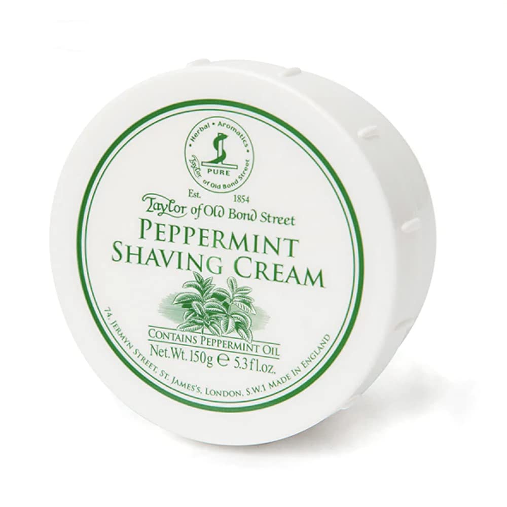 Taylor of Old Bond Street bowl front showing label and peppermint scent benefit