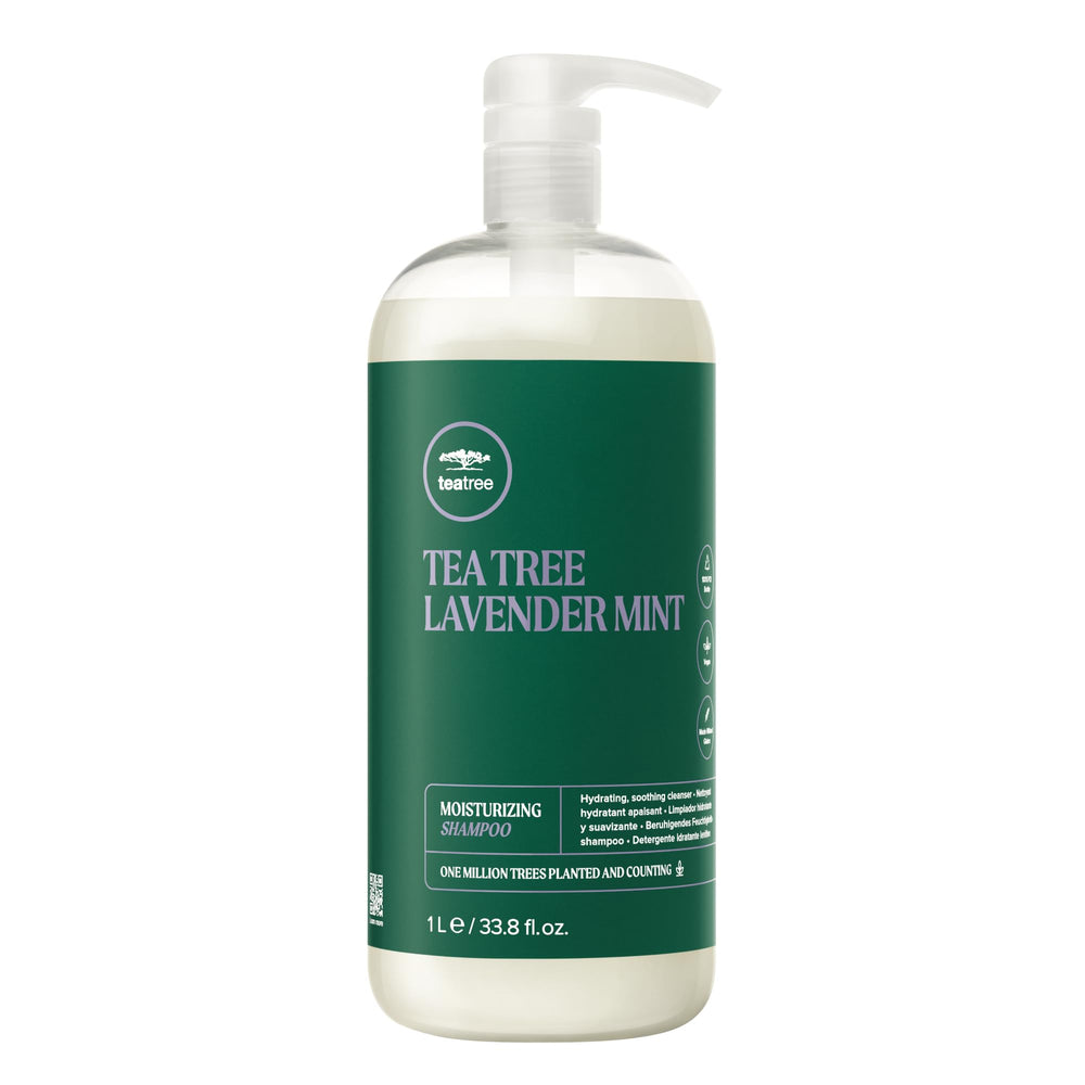 Tea Tree front packaging showing 33.8 fl oz bottle and calming scent benefit