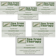 Tea Tree Therapy eucalyptus front packaging showing six bars and clear labeling, promotes plant-based cleansing