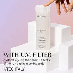 Tec Italy applying serum to hair, shows smooth frizz control benefit