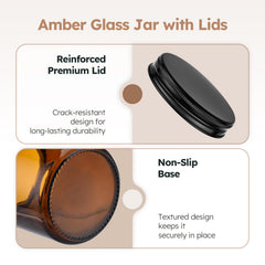 Tecohouse amber glass jar close-up of metal lid and liner, leak-resistant seal