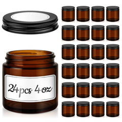 Tecohouse amber glass jars front pack showing 24 jars and lids, durable storage