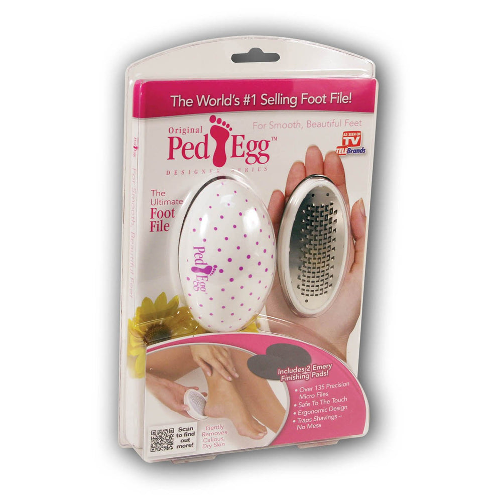 Telebrands Ped Egg front view showing ergonomic egg shape and micro-file surface for smoother feet