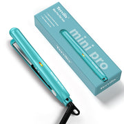 Terviiix mini flat iron front view showing compact cyan body and controls for easy travel