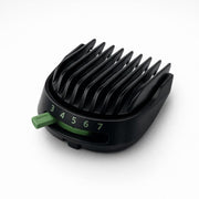 testbrands front view of guard comb showing fit and length markings, ensures accurate trims