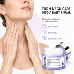 Tetea applying neck cream upward on neck to visibly soften crepey texture