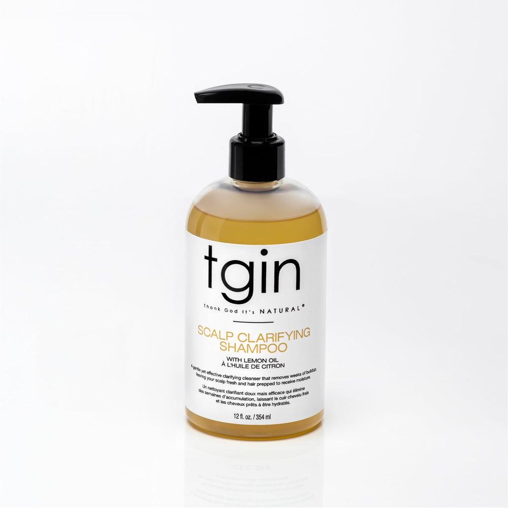 tgin scalp clarifying shampoo front bottle showing clean packaging and benefits
