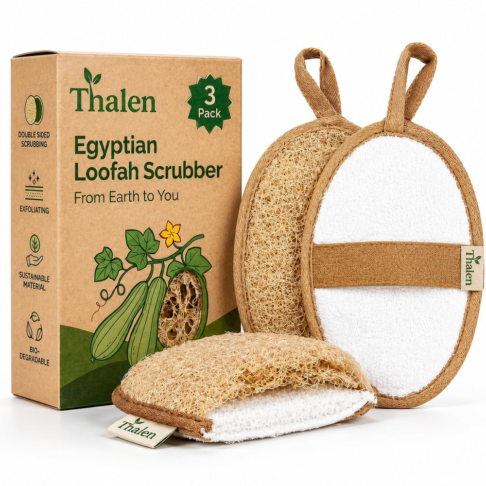 Thalen loofah front view showing three-pack and eco packaging benefit