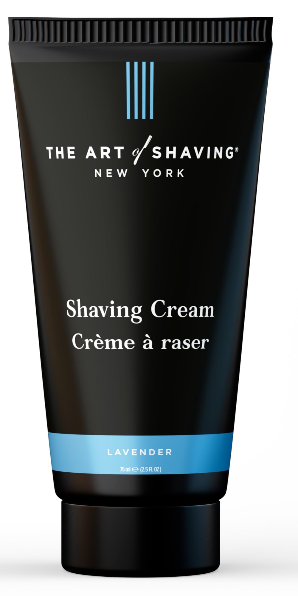 The Art of Shaving front view of lavender cream tube showing compact travel-friendly packaging and brand