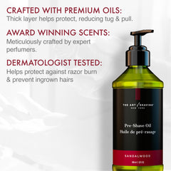 The Art of Shaving label close-up highlighting ingredients and sandalwood aroma benefit