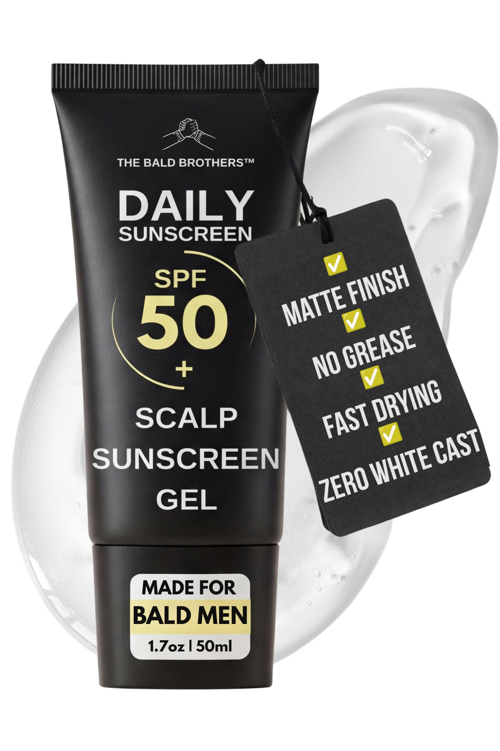 The Bald Brothers front tube showing SPF50 protection and compact design