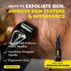 The Beard Club derma roller close-up highlighting titanium needles for durable gentle rolling