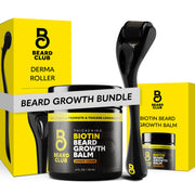 The Beard Club derma roller front view showing ergonomic handle and roller for gentle exfoliation