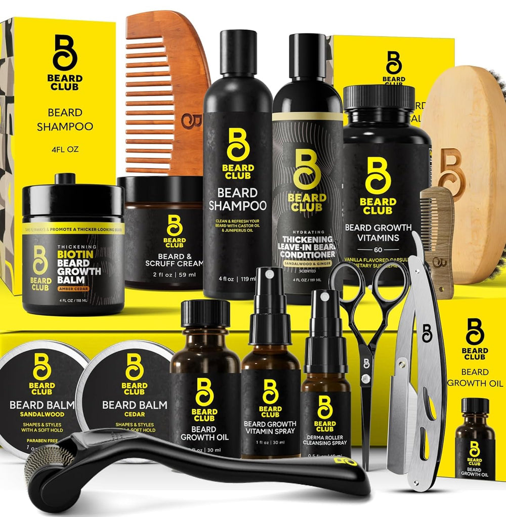 The Beard Club front packaging showing full kit and clear contents benefit: complete grooming solution