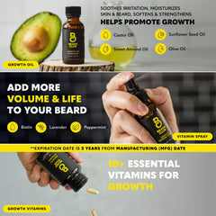The Beard Club growth oil bottle detail showing dropper and moisturizing oils for softer beard