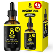 The Beard Club front bottle showing sandalwood oil and clear labeling, promotes easy grooming