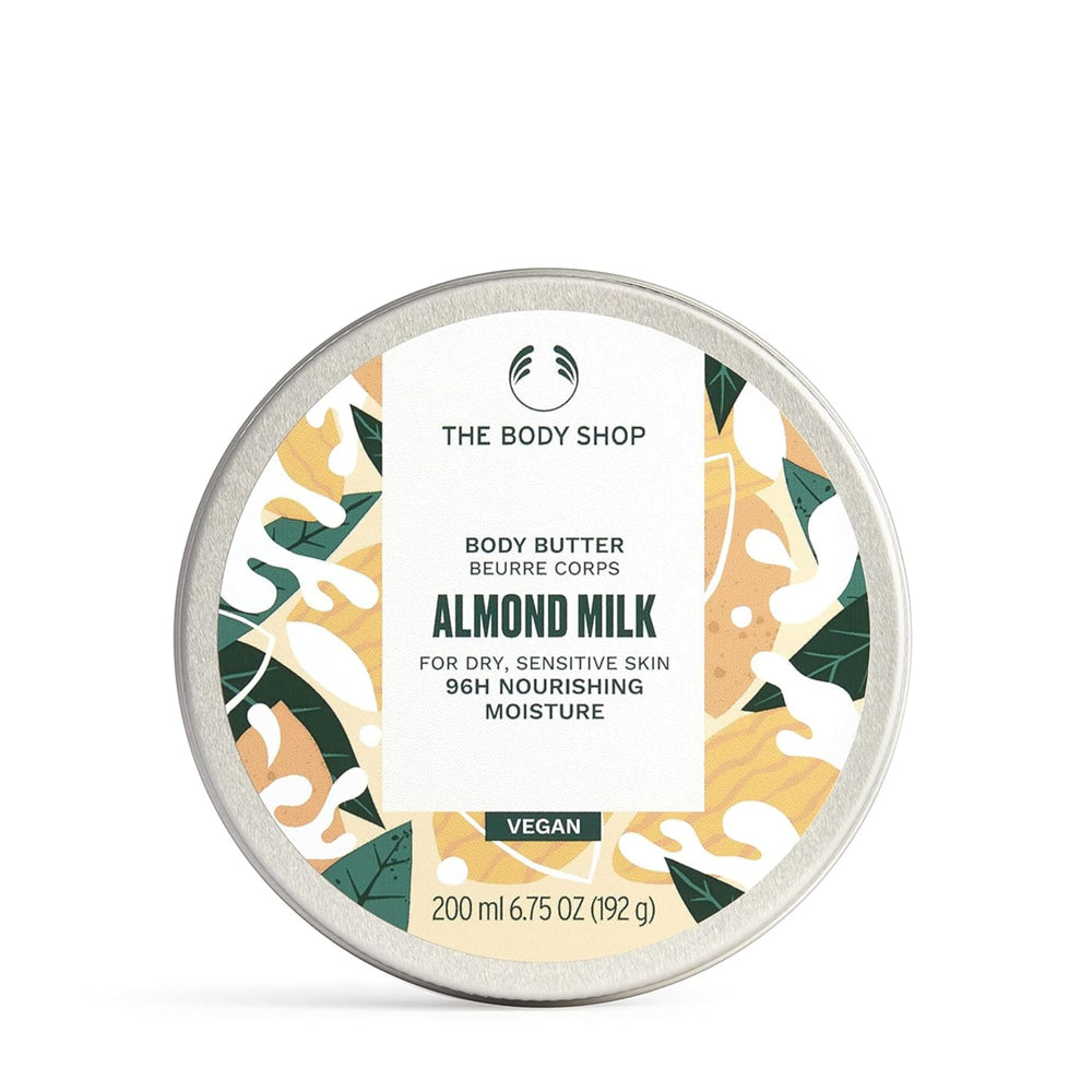 The Body Shop almond milk jar front view showing packaging and volume for clear product ID
